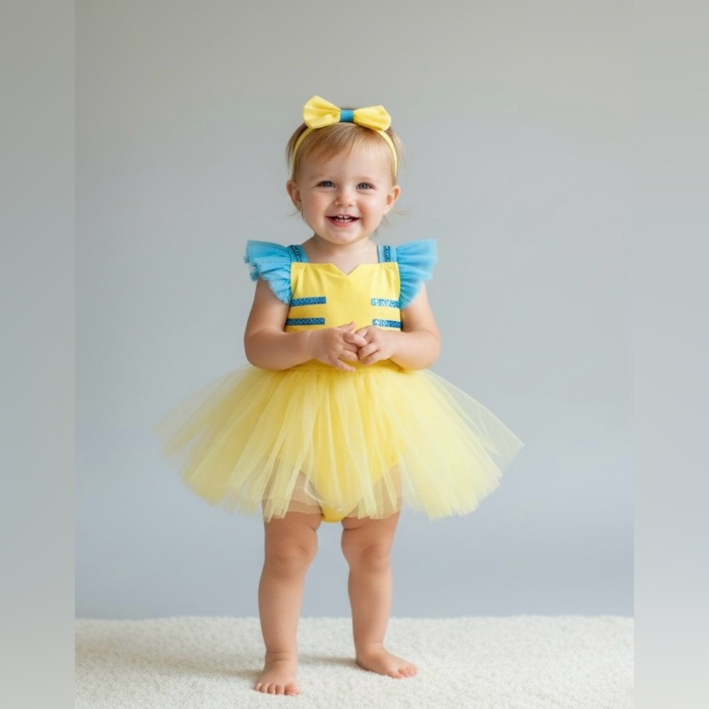 Little Mermaid Girls Flounder Costume Romper Tutu Dress Headband Size 3-4